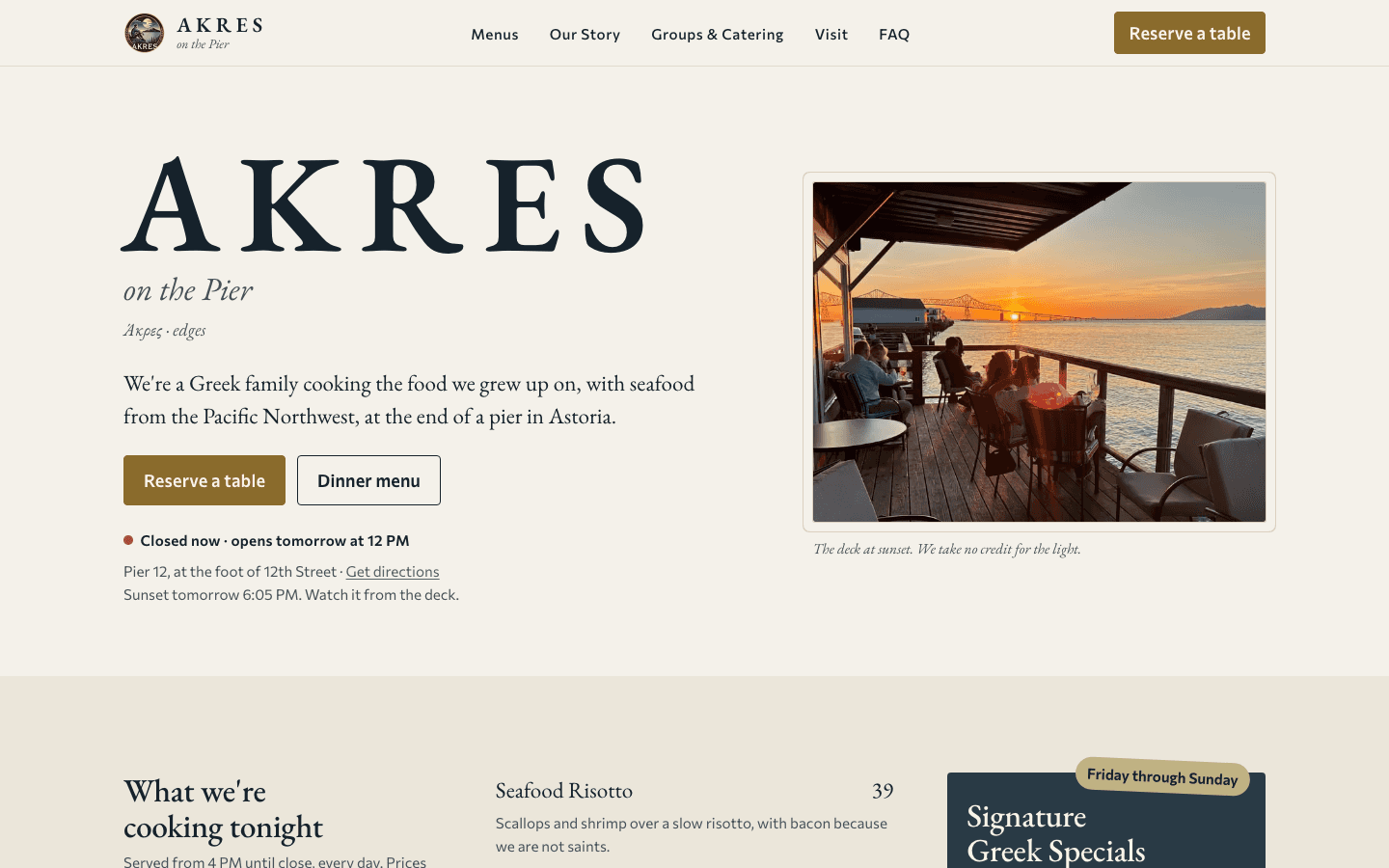 The Akres on the Pier homepage on a desktop screen: the name, a Reserve a table button, today’s hours and a photo of the deck at sunset.