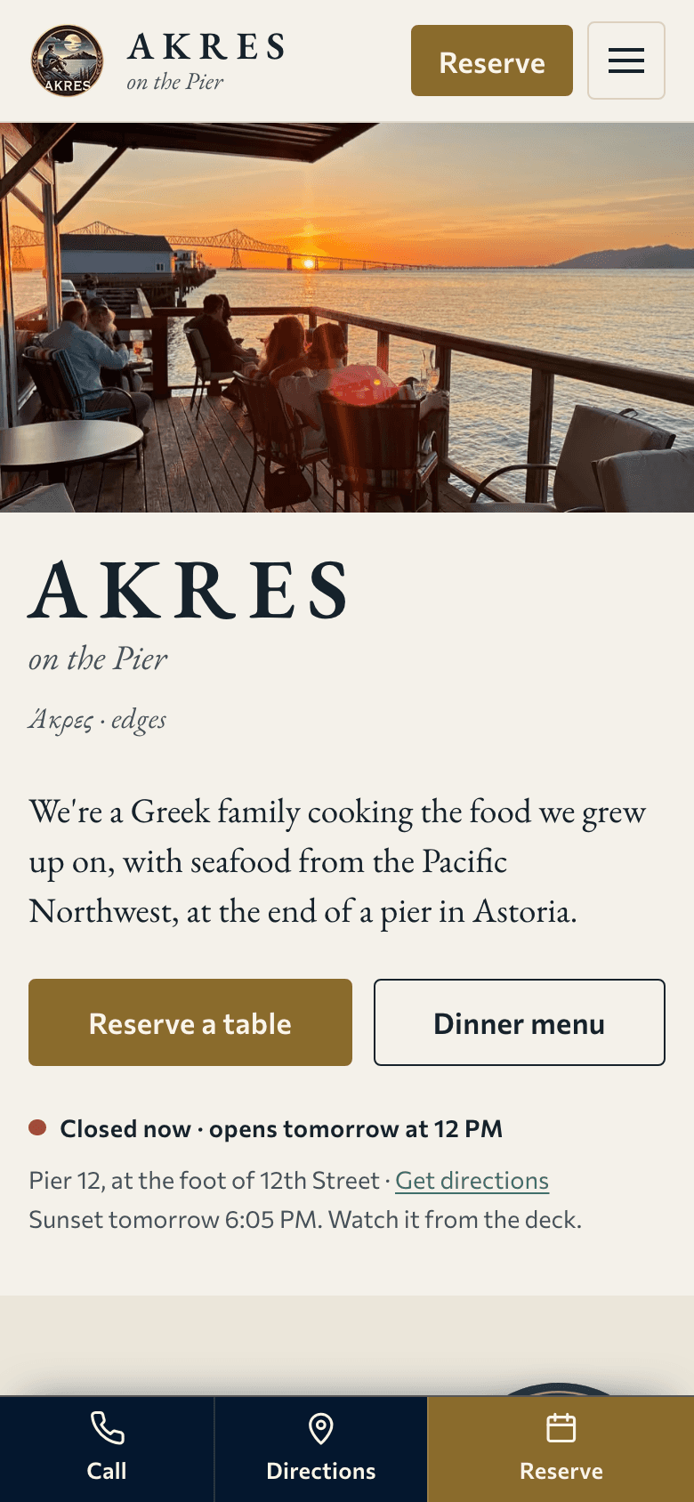 The Akres on the Pier homepage on a phone: call and Reserve buttons at the top, then the photo of the deck at sunset.