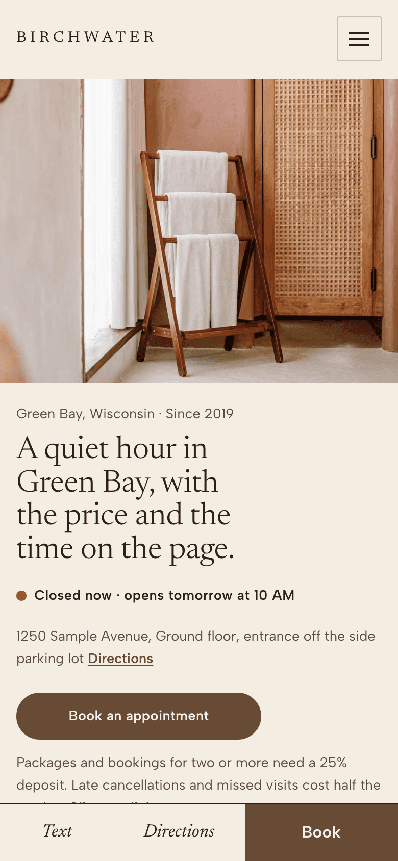 The sample site for Birchwater, on a phone.
