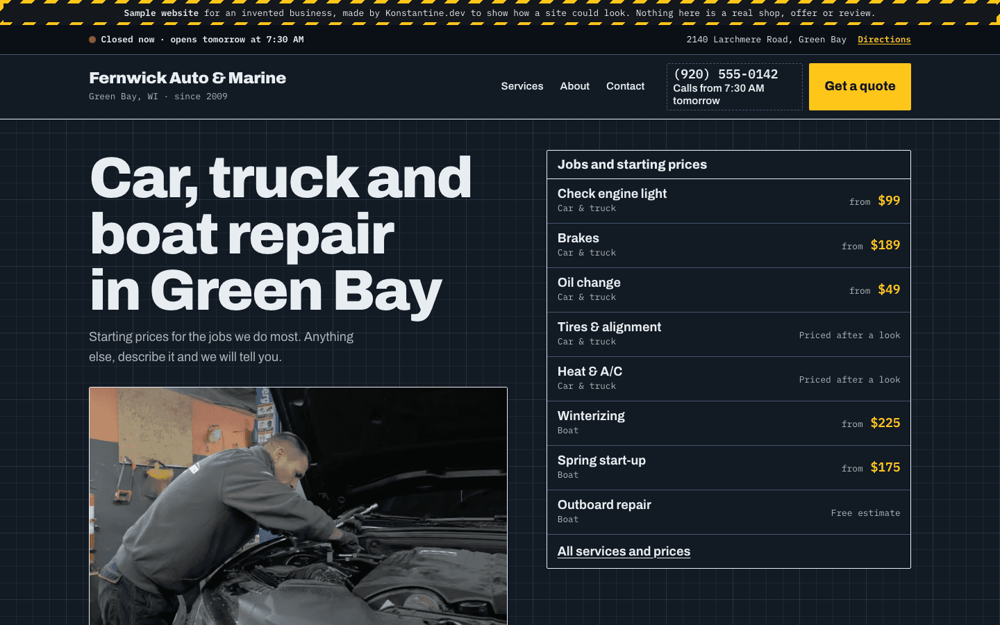 The Fernwick Auto & Marine website on a desktop screen.