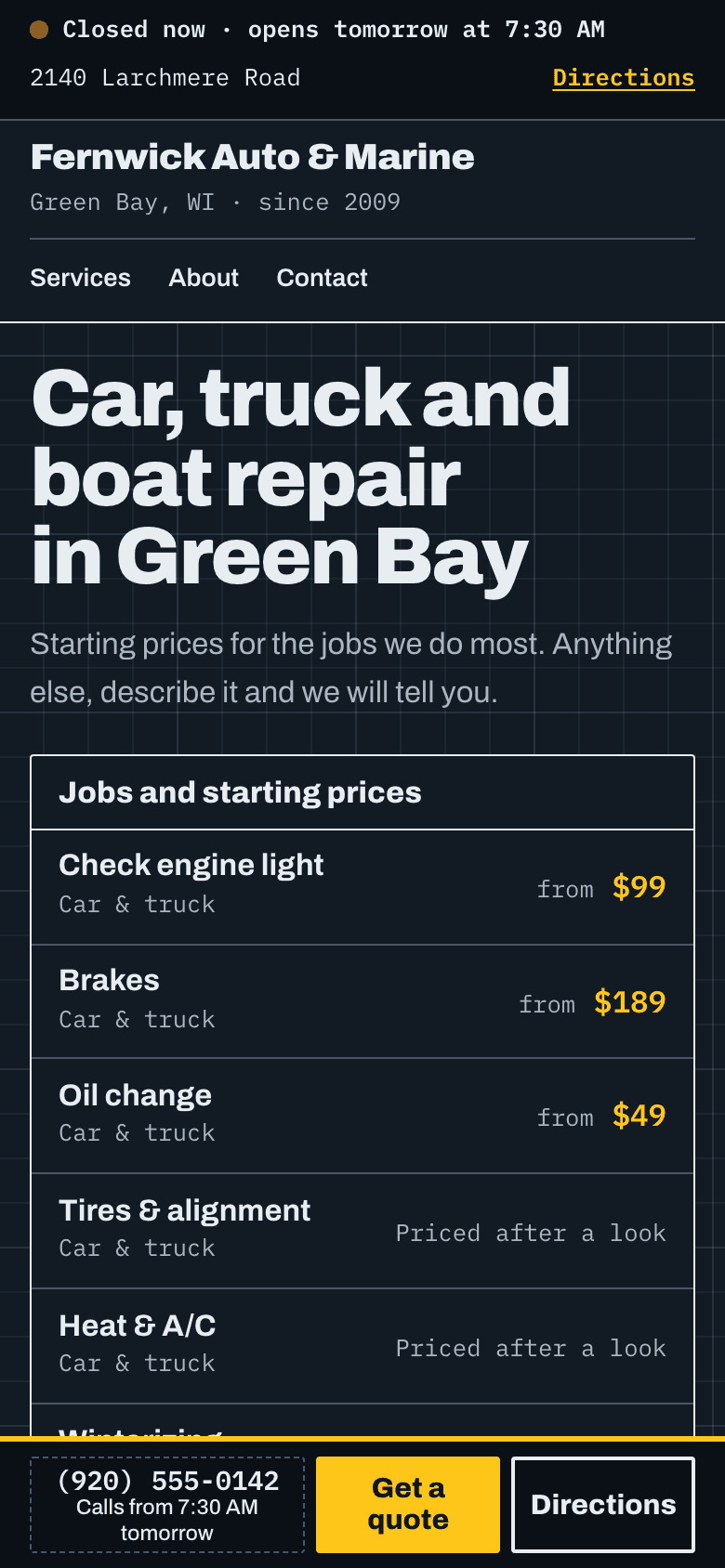 The sample site for Fernwick Auto & Marine, on a phone.