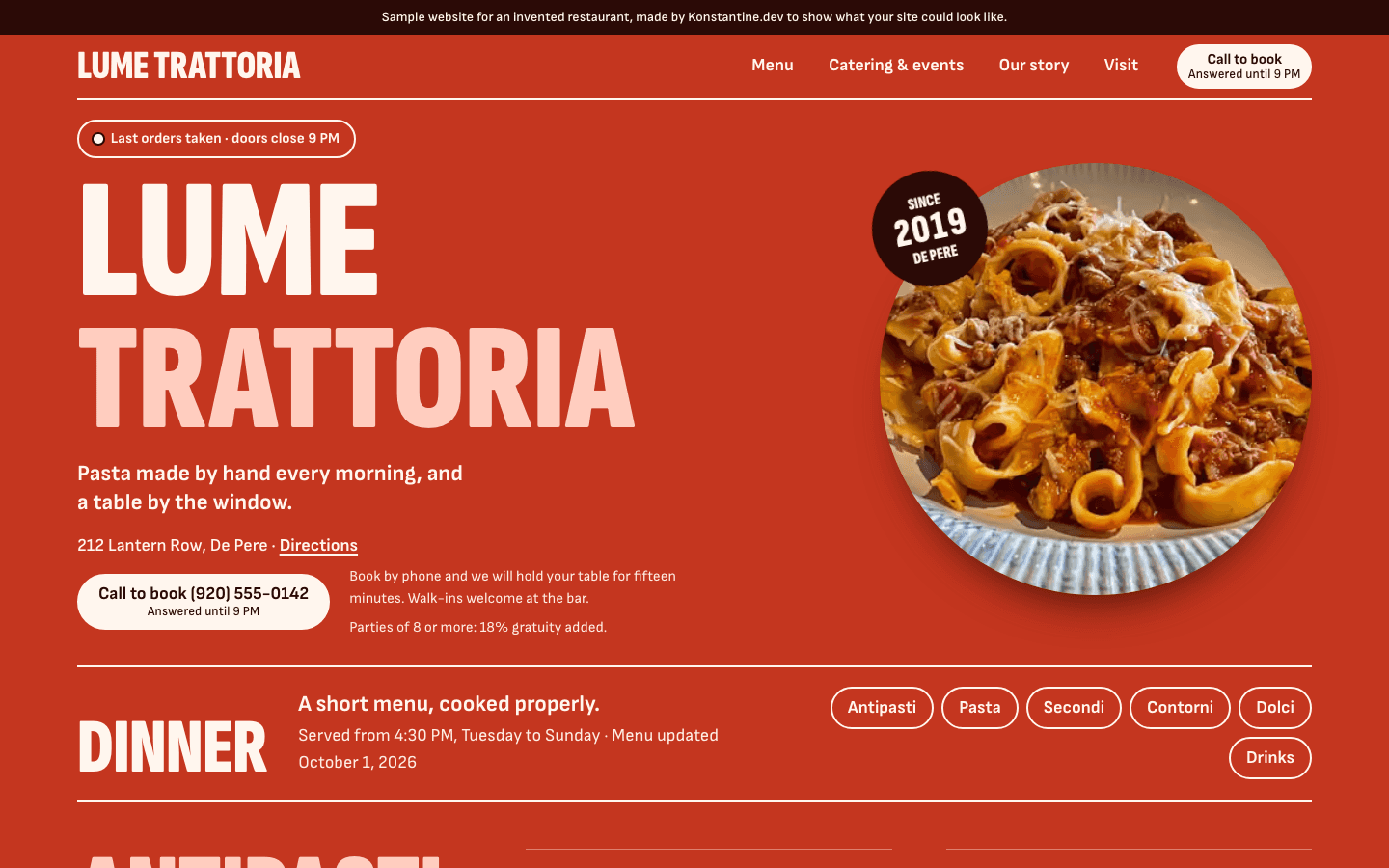 The Lume Trattoria website on a desktop screen.