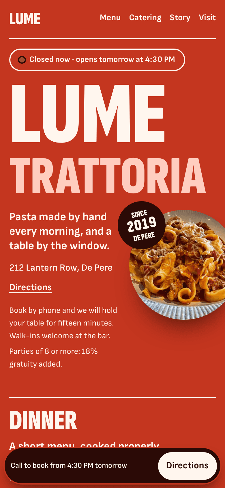 The sample site for Lume Trattoria, on a phone.