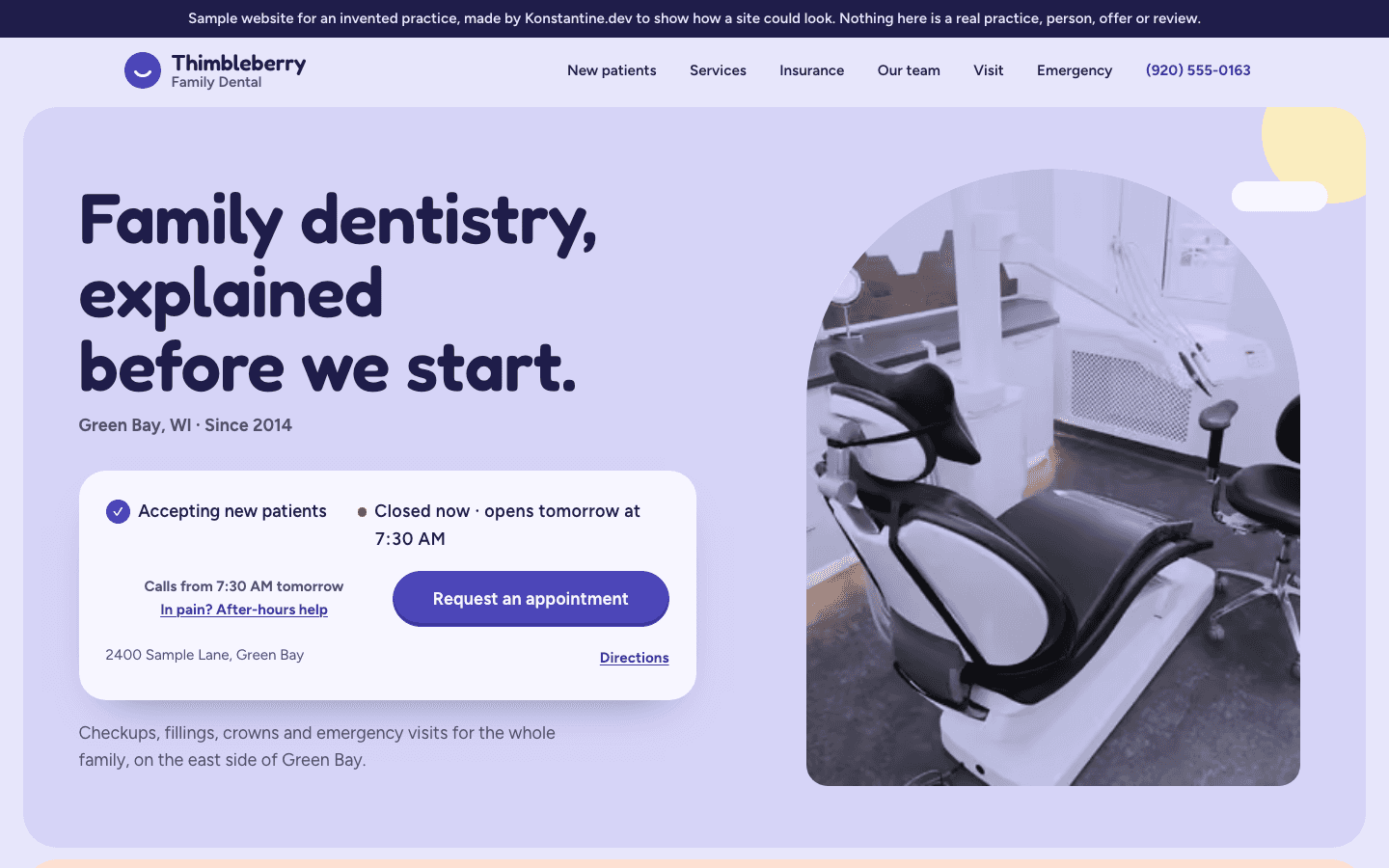 The Thimbleberry Family Dental website on a desktop screen.