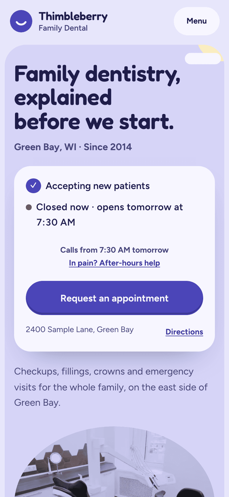 The sample site for Thimbleberry Family Dental, on a phone.